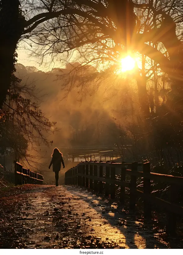 The setting sun filters through the trees in a misty park