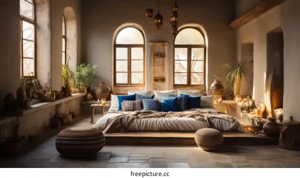 Cozy Bohemian Bedroom with Large Bed and Plants