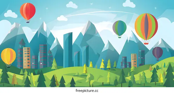 Hot Air Balloons Flying Over City With Mountains