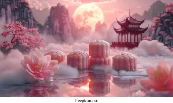 Pink mooncakes and lotus flowers in a beautiful landscape with mountains, water, and a pavilion