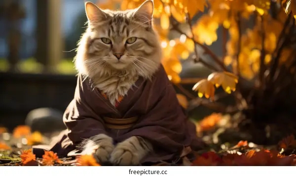 A cat wearing a kimono observes the falling leaves