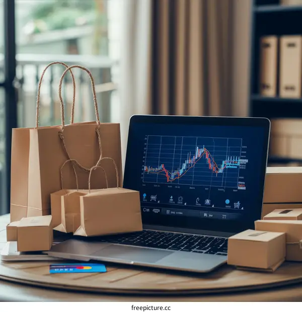 A laptop and some shopping bags on a table