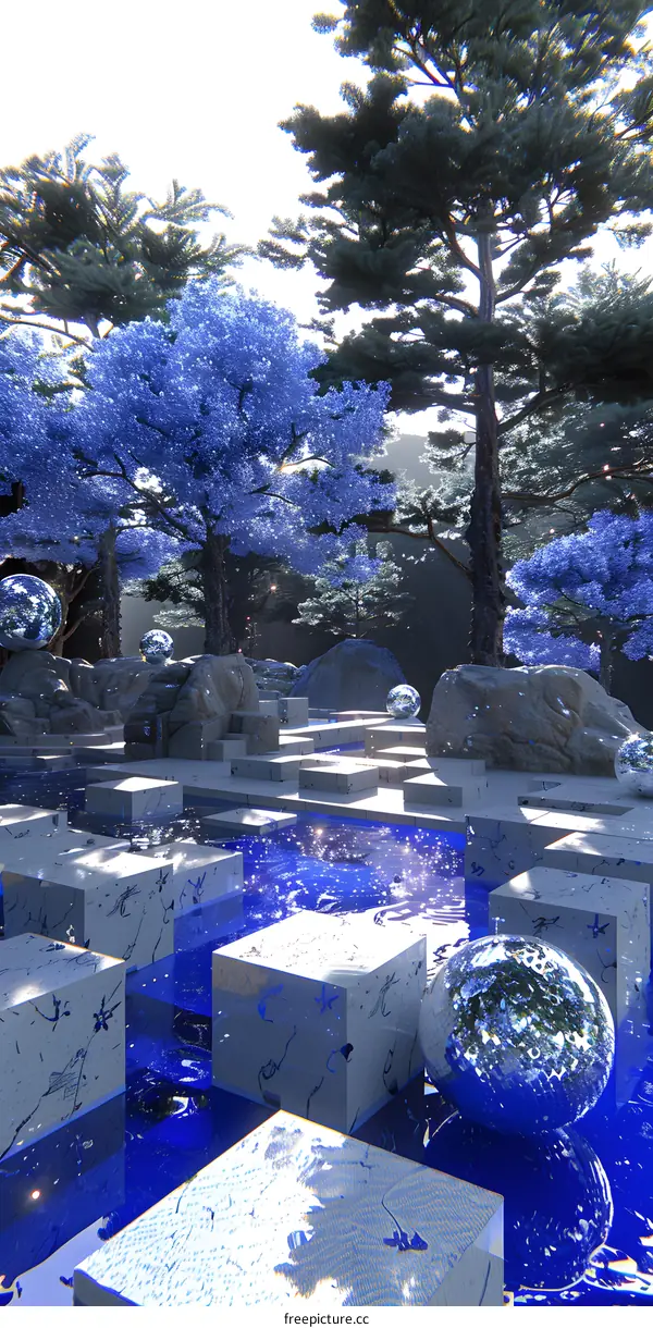 Blue Forest Surreal Landscape With Cubes and Spheres