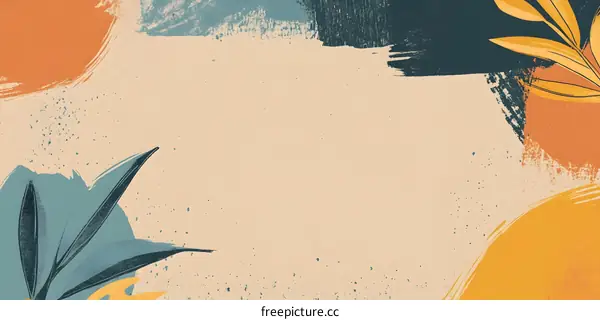 Abstract Beige Background With Hand Painted Strokes and Leaves