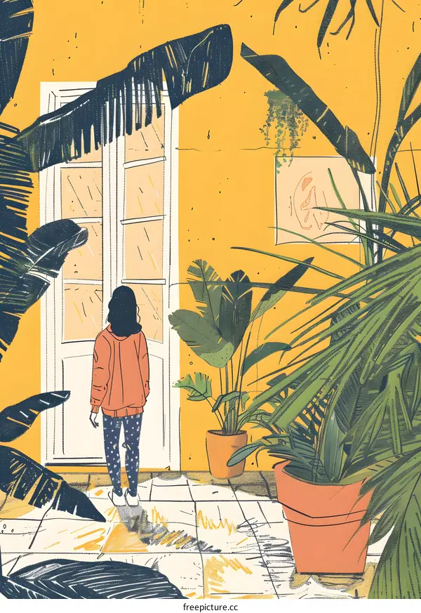 Woman Standing by Door with Yellow Wall and Plants