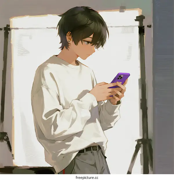 A Young Man in White Sweater Looking at His Smartphone