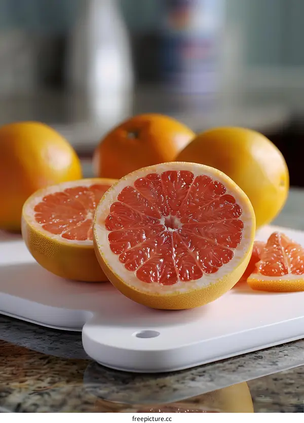 Fresh Juicy Grapefruit Slices on a White Cutting Board