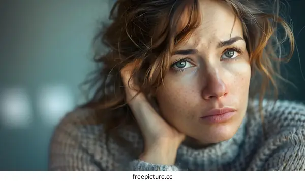 Portrait of a young sad caucasian woman looking away