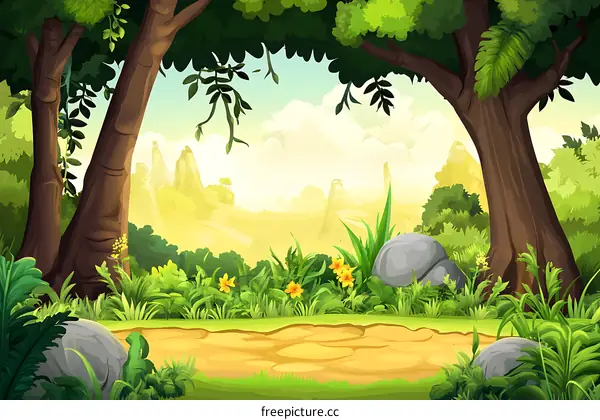 Forest Illustration With Green Trees and Yellow Flowers