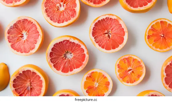 Freshly Cut Grapefruit Slices Arranged on a White Background
