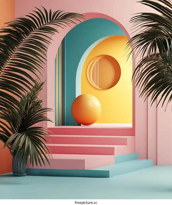 Abstract Minimalist  Summer Background with Yellow Ball in Geometric Arch