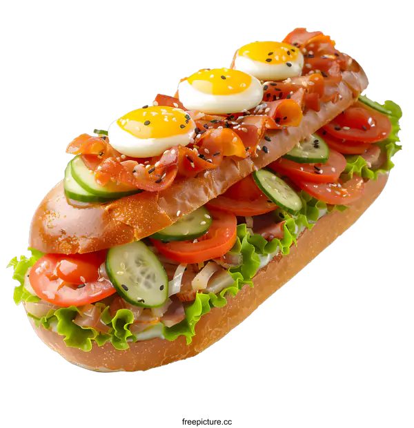 [Transparent Background PNG]club sandwich with salmon, tomato, cucumber, lettuce and eggs