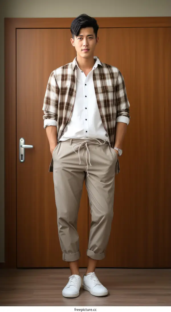 Asian man wearing a white shirt, brown plaid shirt, and khaki pants
