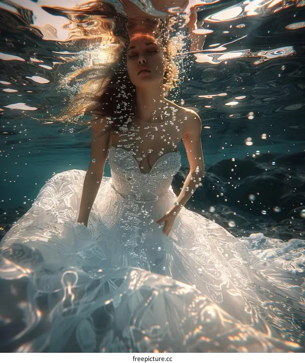 An underwater photo of a woman wearing a white wedding dress