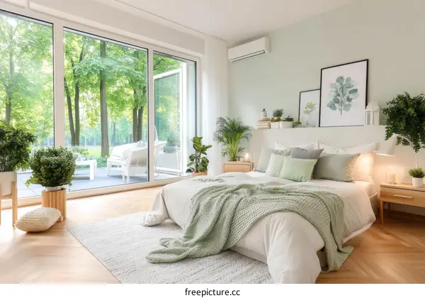 Modern Bedroom with Lush Greenery View