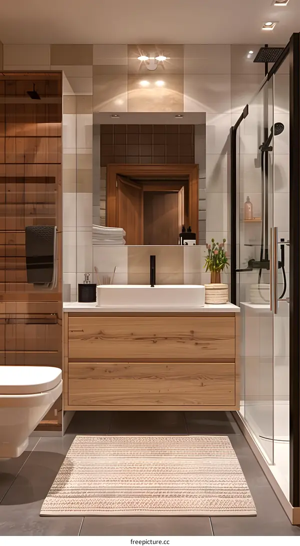 Bathroom design in IKEA style, including shower, sink and toilet