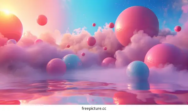 Pink and blue pastel cloudscape with floating pastel spheres