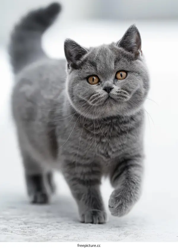 Fluffy British Shorthair Kitten Walking Towards Camera