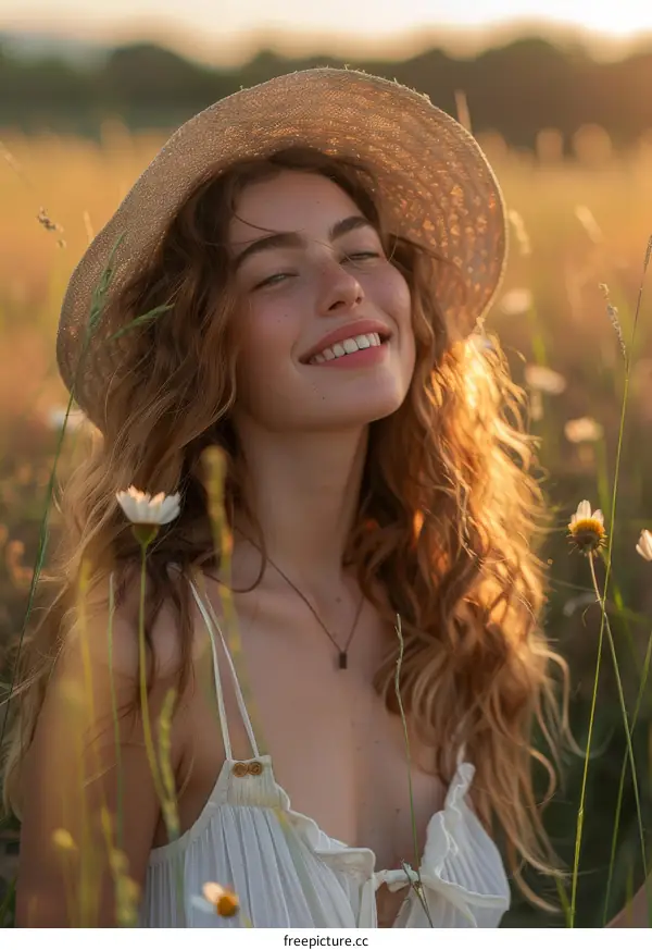Portrait of a beautiful young woman in a straw hat smiling in a field of flowers