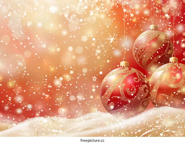 Red and gold Christmas baubles on snow with a bokeh effect background