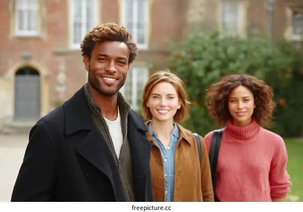 Three Diverse Students Outside University Building