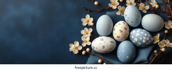 Easter Eggs Decorated with Floral Motifs on a Dark Blue Background