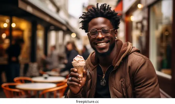 A young African-American man smiles while holding an ice cream cone.