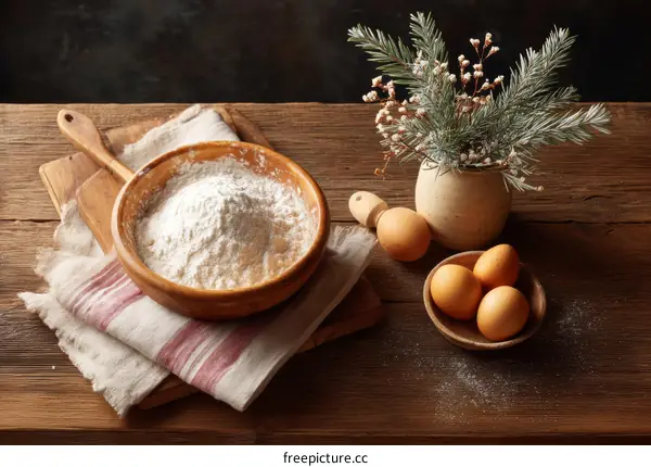 Wooden Bowl of Flour and Eggs on Rustic Table