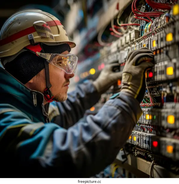 technician wearing hardhat and safety glasses works on electrical control panel