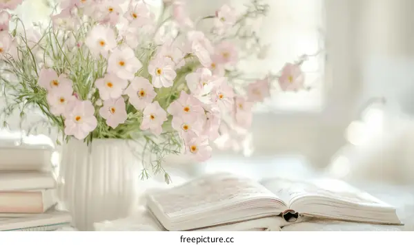 Delicate Pink Flowers in a Vase and Open Book