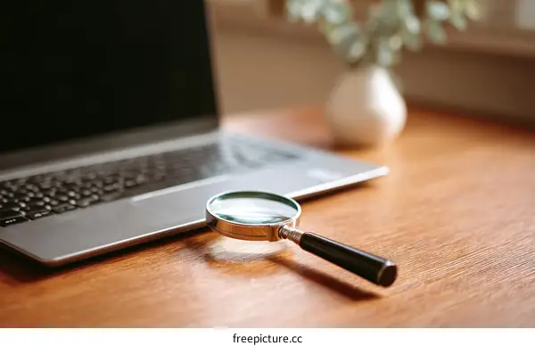 Laptop Magnifying Glass on Wooden Desk