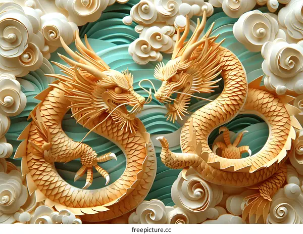 Two golden dragons playing with each other in the clouds