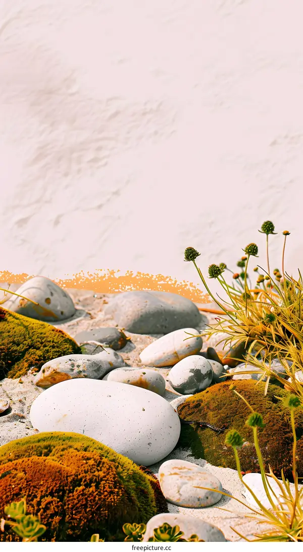Close Up View of Mossy Rocks on a Beach