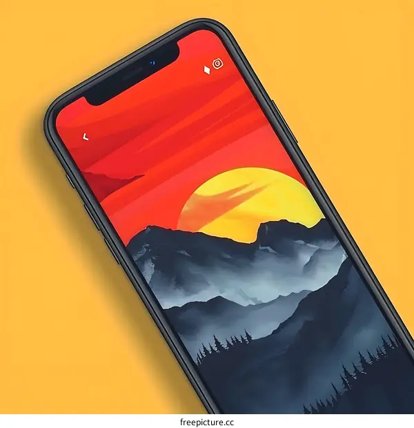 Phone Screen Illustration with Mountain Sunset