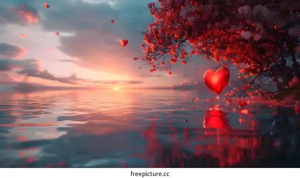 Red heart and cherry blossom tree by the lake at sunset