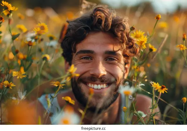 Portrait of a happy young man smiling in a field of flowers