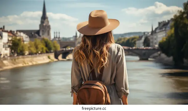 A woman standing on a bridge and looking at the river