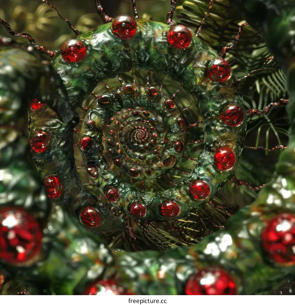 A green and red spiral sculpture made of glass and metal