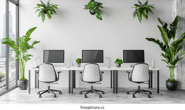 Three Empty Modern Office Workspaces with Computers