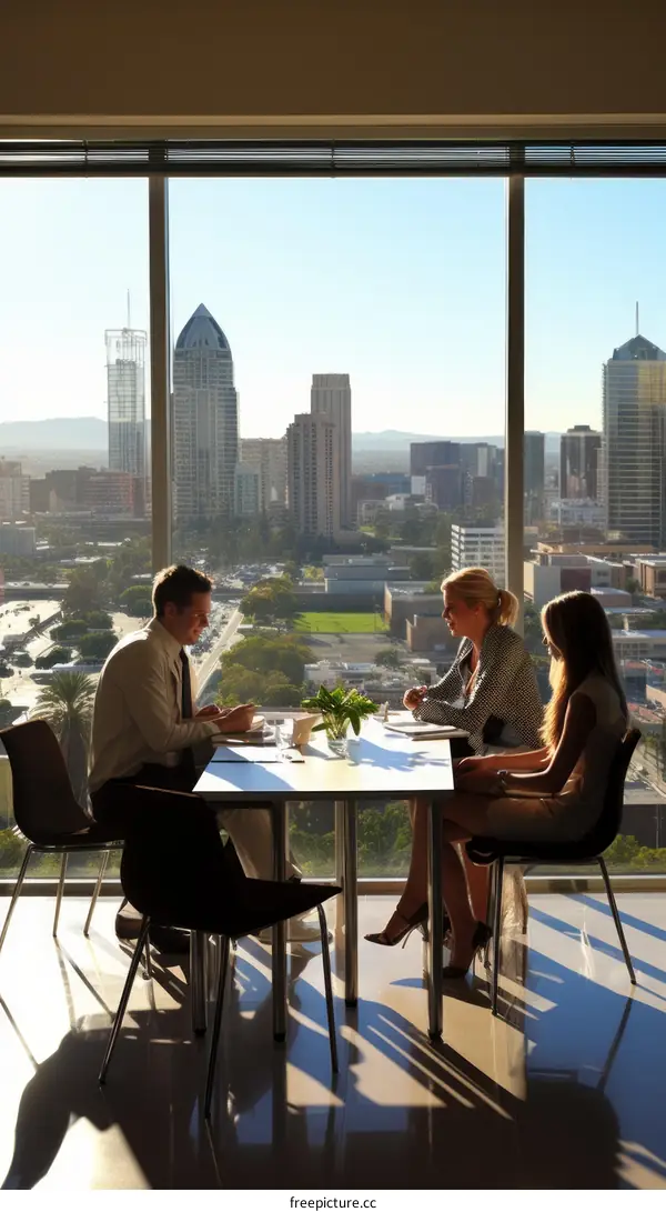 Three business people having a meeting in a modern office with a city view