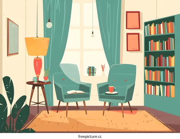 Cozy Living Room with Green Chairs, Bookshelf, and Window