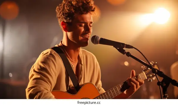 Male singer with guitar performing on stage