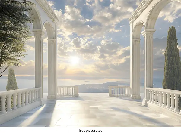 White Marble Columns  Balcony View of Sea And Sunset