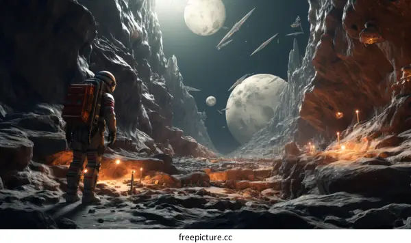 Astronaut on a Rocky Moonlit Planet