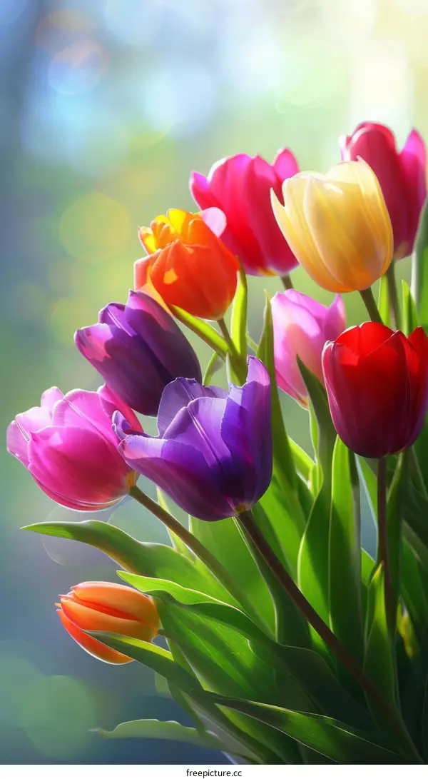 A bouquet of tulips in full bloom with vibrant colors