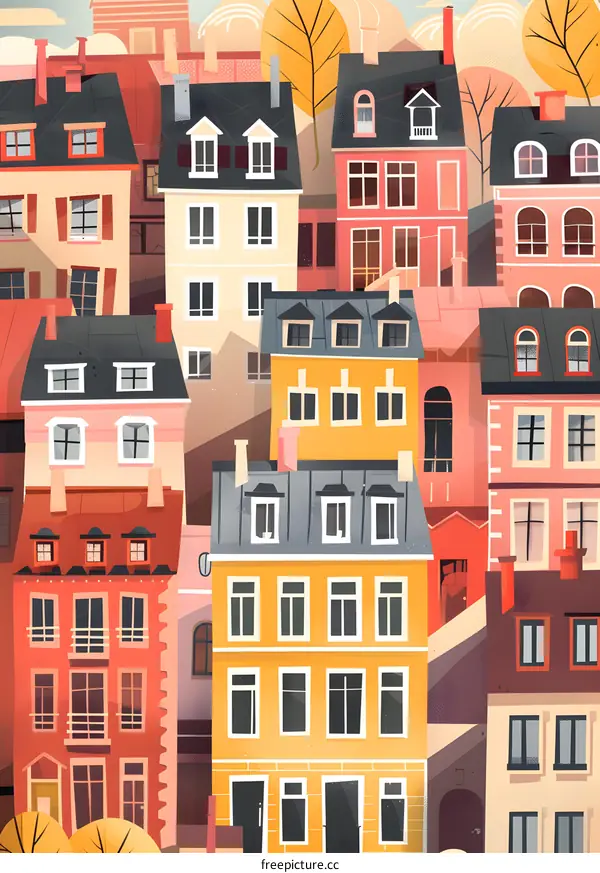 Colorful Illustration of a European Town with Many Houses