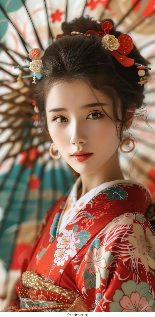 Portrait of a beautiful Asian woman in traditional Japanese clothing