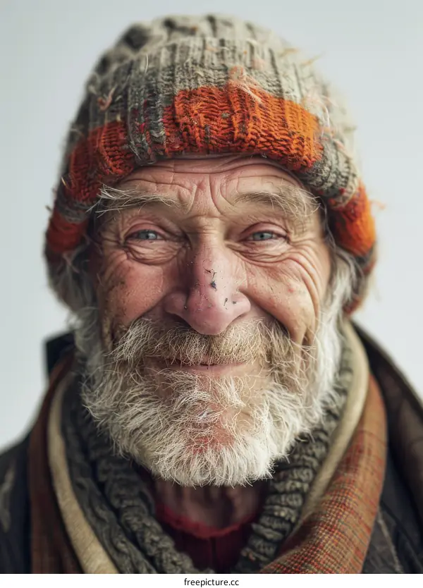 Portrait of a Smiling Elderly Man with a Grey Beard and Orange Hat
