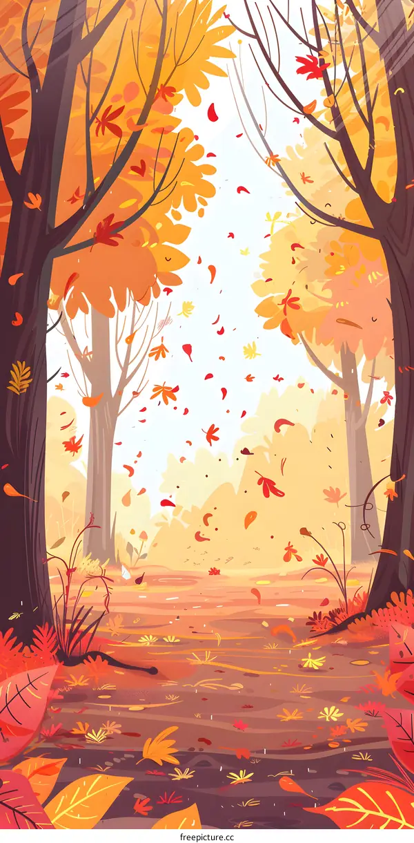 Autumn Leaves Falling from Trees in Forest