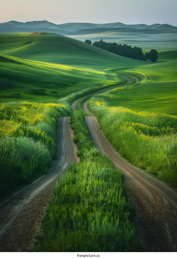 Winding Dirt Road Through Lush Green Hills